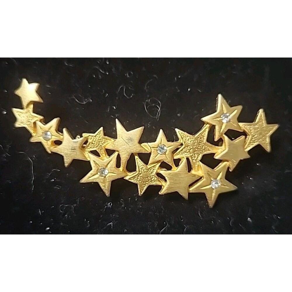 Vintage JJ Gold Tone Shooting Star Brooch Clear Stones Matte & Textured Finish